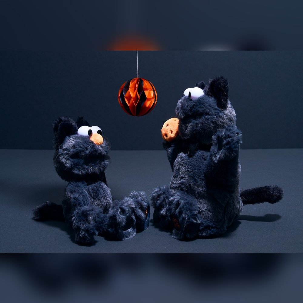 <p>ハロウィン限定のエルモとクッキーモンスターのぬいぐるみ。黒猫の仮装で、オレンジの鼻と足裏の刺繍がアクセント。ふわふわの手触りで、インテリアやギフトに最適。</p>